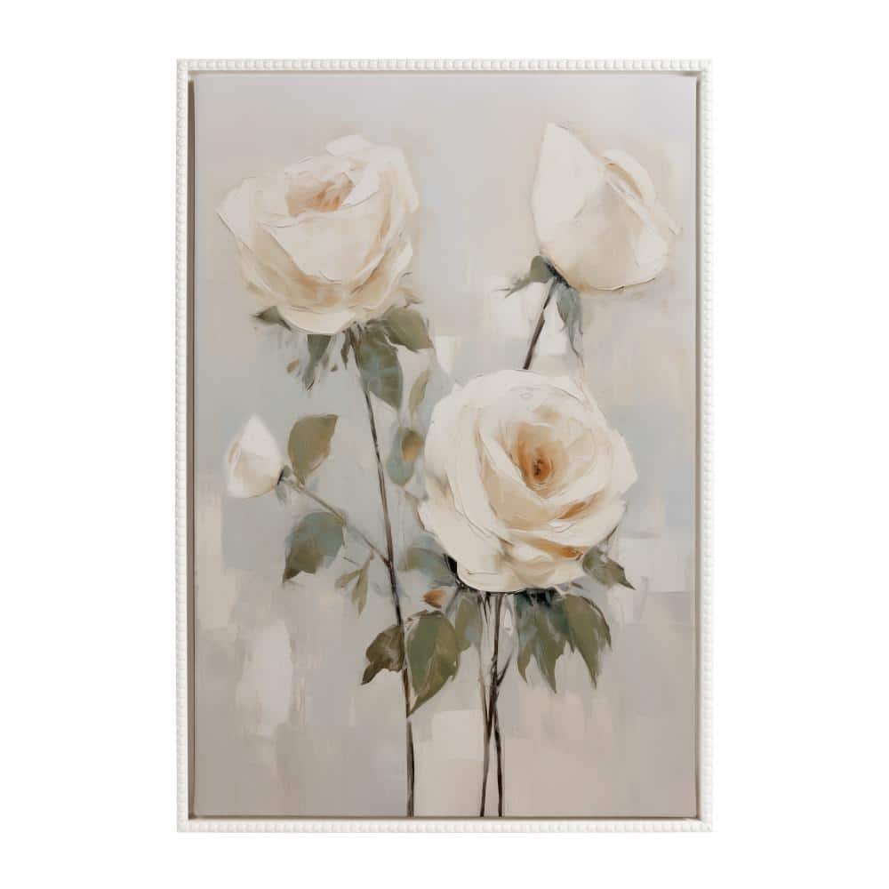 Soft White Roses Beaded Framed Canvas Wall Art, 23x33