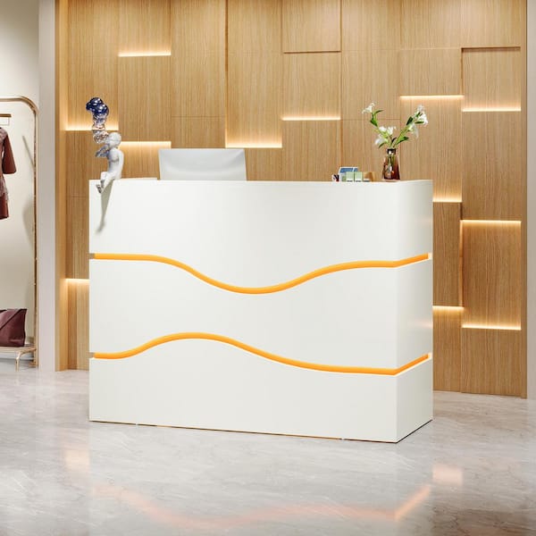 TRIBESIGNS WAY TO ORIGIN Perry 55.12 in. White Wood Reception Desk 7 Color LED Lights Modern Front Desk Counter Checkout Counter Lobby Retail