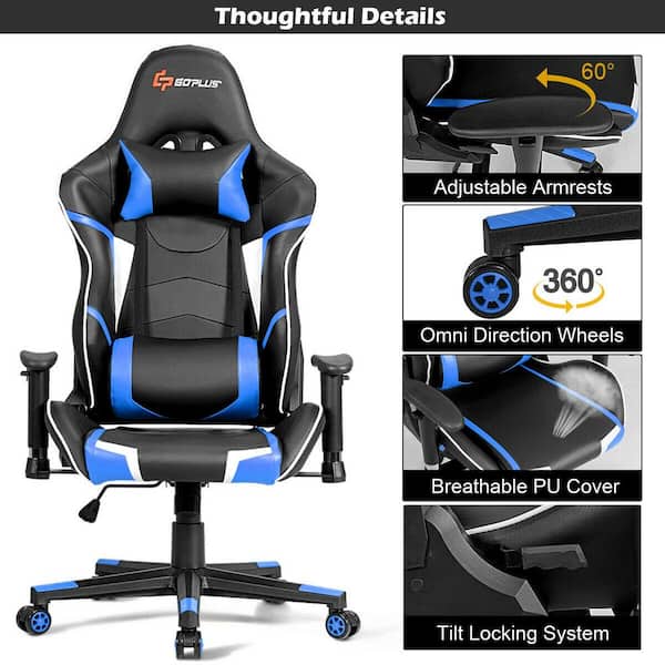 HOMCOM Gaming Recliner, Racing Style Video Gaming Chair with Adjustable  Backrest and Footrest, High Back Swivel Computer Chair with Lumbar Support  and Headrest, Blue