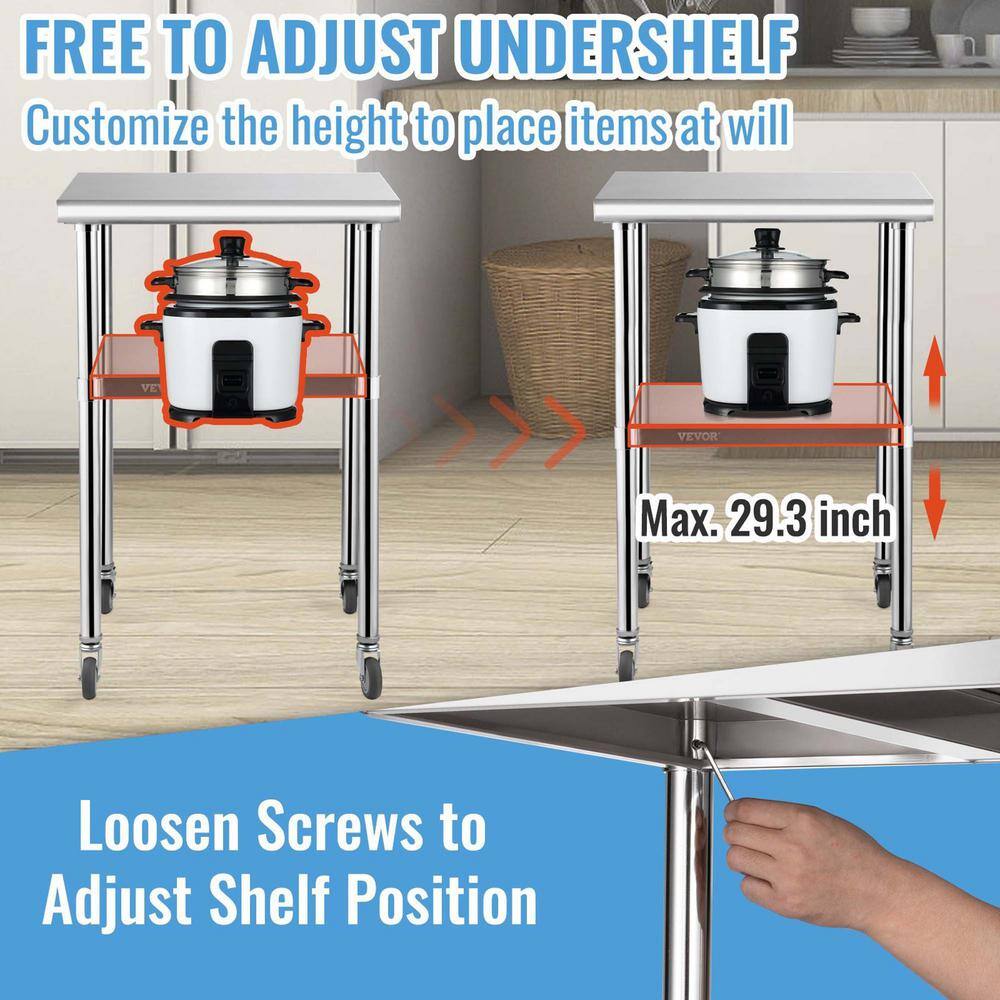 24" Stainless Steel Work Table with Galvanized Undershelf and Casters