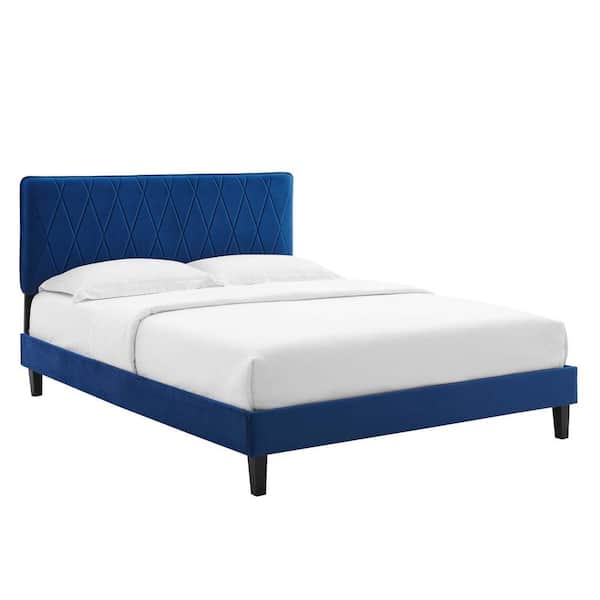 MODWAY Phillipa Navy Performance Velvet Queen Platform Bed