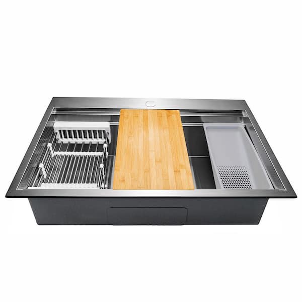 Handmade All-in-One Top mount Stainless Steel 33 in. x 22 in. Single Bowl Kitchen Sink w/ Spring Neck Faucet, Accessory