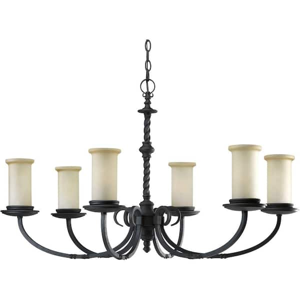 Progress Lighting Santiago Collection 6-Light Forged Black Chandelier with Jasmine Mist Glass