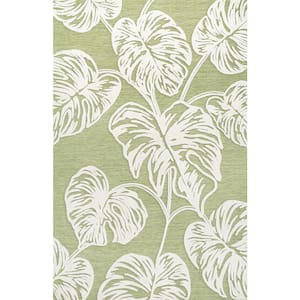 Light Green/Ivory 4 ft. x 6 ft. Tobago Approximate Rug Size High-Low 2-Tone Monstera Leaf Light Indoor/Outdoor Area Rug