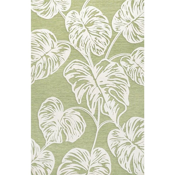 Tobago Light Green/Ivory 8 ft. x 10 ft. High-Low 2-Tone Monstera Leaf Indoor/Outdoor Area Rug