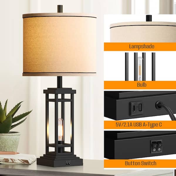 27.5 Tall Farmhouse Black Table Lamps with USB C Plus USB A Charge Ports, Rustic End Lamps (1-Pack) for Bedroom