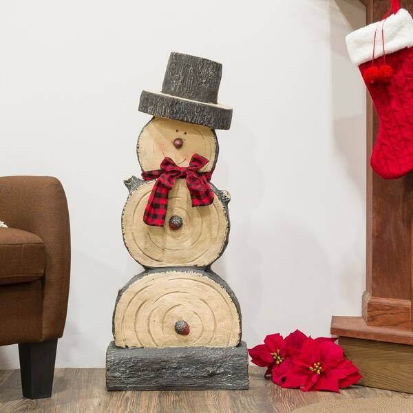 スノーマン木製オブジェ Alpine Corporation 38 in. Tall Christmas Snowman Statue with Wood
