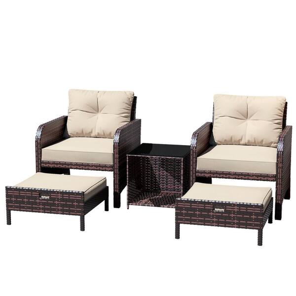 5-Piece Wicker Lounge Chair Outdoor Rattan Patio Conversation Set with Ottoman and Beige Soft Cushions