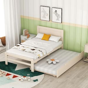 White Washed Wood Frame Twin Size Platform Bed with Headboard and Trundle