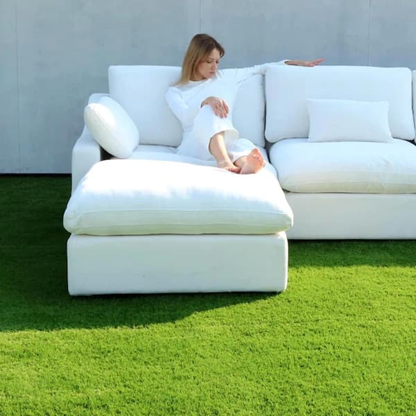 Flared Arm 119 in. Down Filled Linen Modular Sofa Solid Wood U-shaped Cloud Couch with Ottomans,Washable Covers in White