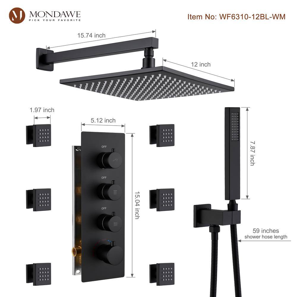 Matte Black 12-Inch Stainless Steel Multi-Head Wall Mounted Shower System