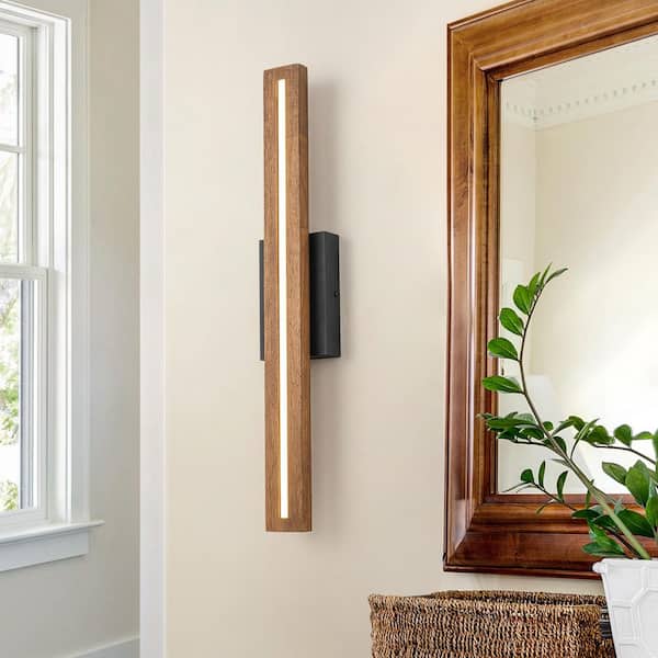 25 in. 1-Light Farmhouse Dimmable Wood Integrated LED Black Vanity Light Bar