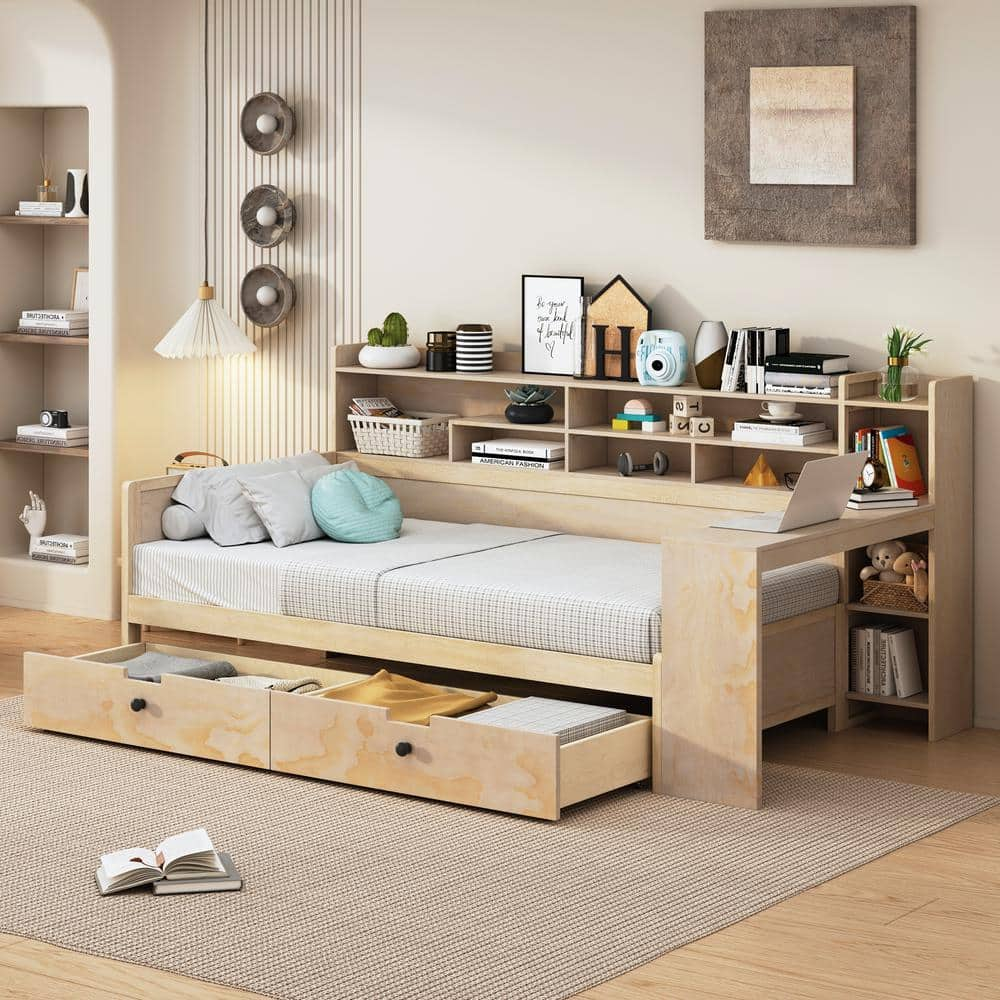 Natural Multi-functional Twin Size Wood Daybed with Storage Shelves, 2-Drawers and Study Desk -  Harper & Bright Designs, LHC090AAM-T