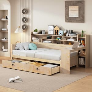 Natural Multi-functional Twin Size Wood Daybed with Storage Shelves, 2-Drawers and Study Desk