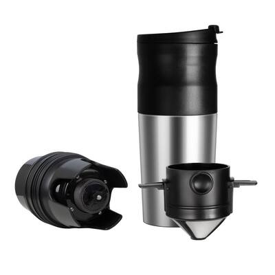 1-Cup Stainless Steel Burr Coffee Grinder and Travel Mug With Coffee Bean Grinder and Pour-Over Brewer Single Serve