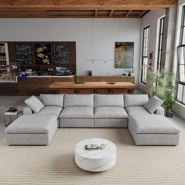 6-Piece 157.32 in. Square Arm Linen Modular Down-Filled Deep Seat Sofa with Storage Ottoman in Gray