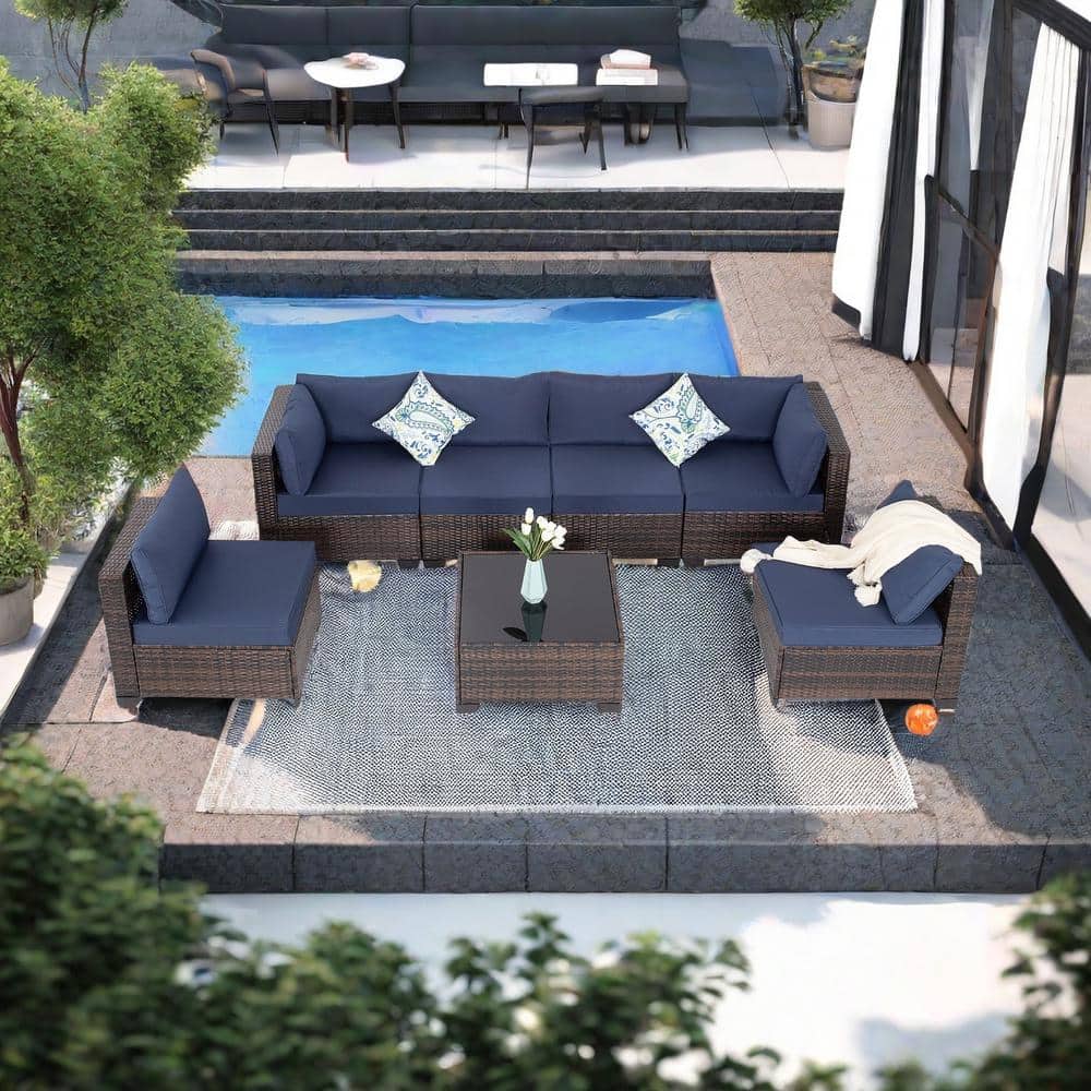 7-Piece Brown Hand Woven Rattan Wicker Outdoor Patio Sectional Sofa Convers