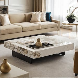 White 39.37 in. Square Rock Plate Stone Top Coffee Table