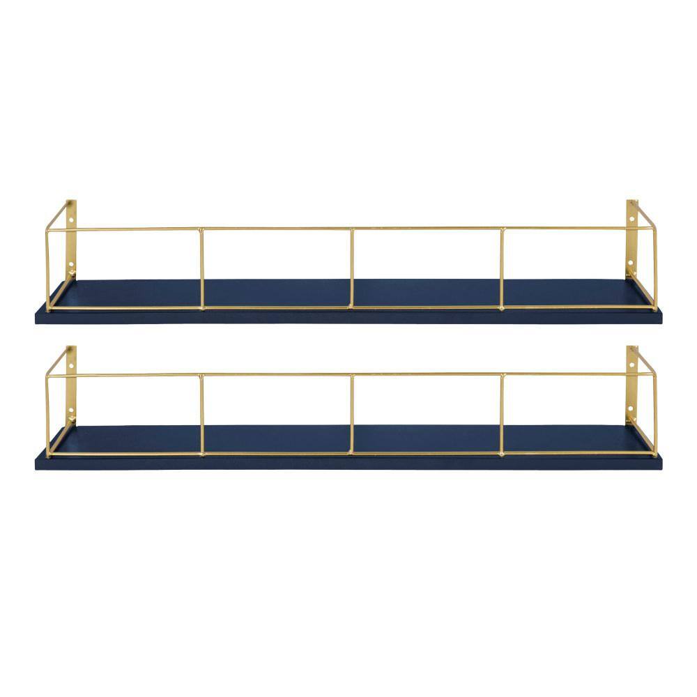 Navy Blue and Gold Chic 24" Wood and Metal Floating Wall Shelf Set