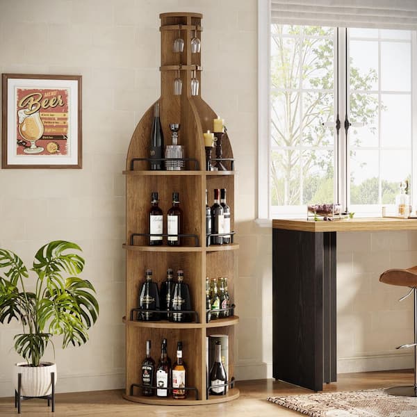 48-Bottle Rustic Brown 23.6 in. W x 75 in. H Tall Wine Cabinet with Glass Holder, Freestanding Wine Rack Display Shelf