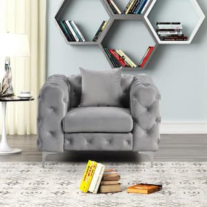 Silver Grey Modern Contemporary Accent Chair with Deep Button Tufting Dutch Velvet, Solid Wood Frame and Iron Legs