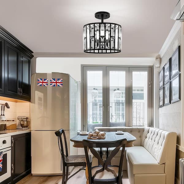 12.4 in. 3-Light Matte Black Semi-Flush Mount Ceiling Light with Crystal Details, for Living room, Bedroom, E12 Base