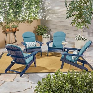 Malibu Navy Blue Folding Wood Outdoor Lounge Chair with Dark Teal Cushion (4-Pack)