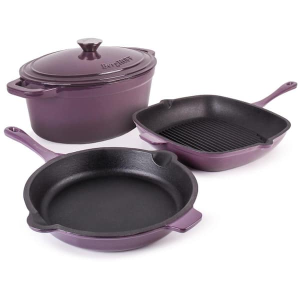 BergHOFF Neo 4-Piece Cast Iron Cookware Set, Grill Pan, Fry Pan and Oval Dutch Oven, Purple