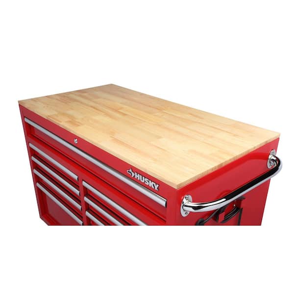 Husky 46 in. W x 24.5 in. D Standard Duty 9-Drawer Mobile Workbench Tool  Chest with Solid Wood Top in Gloss Red H46MWC9RV2 - The Home Depot