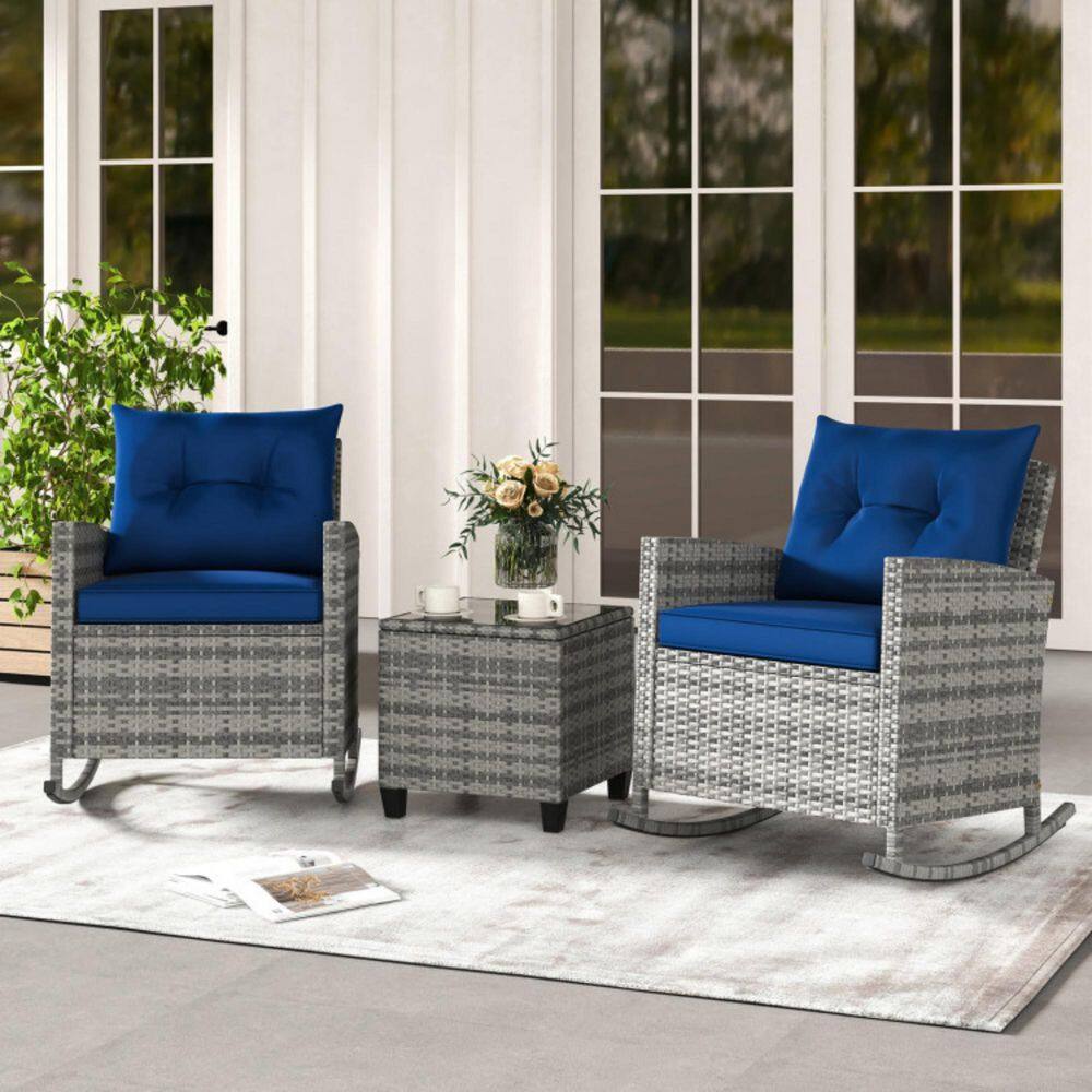 3-Piece Wicker Rattan Patio Conversation Set Outdoor Rocking Chair Set with Dark Blue Cushions price history on PriceWatchPro