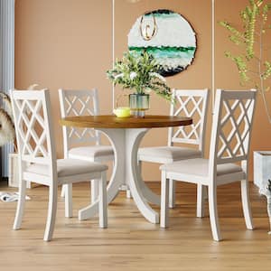 Mid-Century 5-piece Walnut Round MDF Top Dining Table Set Seats 4 with Beige Upholstered Chairs