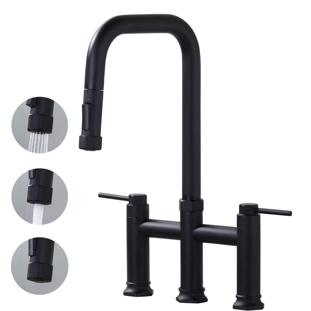 ARCORA AR7401402B 3 Holes Brass Double Handle Bridge Kitchen Faucet With 2-Mode Pull Down Sprayer And Supply Lines