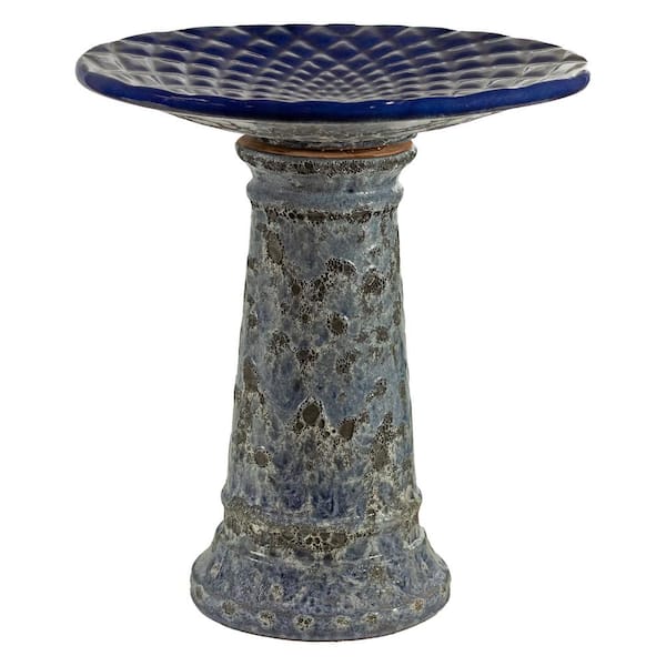 Rennes Lava Finish Ceramic Bird Bath - 22.5 in (57.15 cm) - Dark Blue Distressed Ceramic