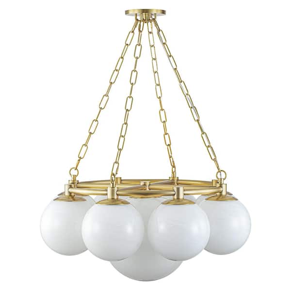Ceder 9-Light Aged Brass Chandelier with Glossy Marble Glass Shade Ring Sputnik Hanging Light for Foyer
