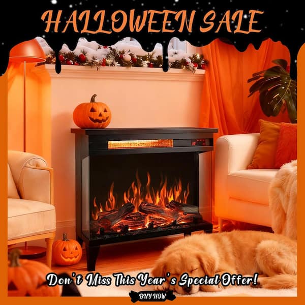 24 in. Freestanding Sheet Metal with 3-Sided Glass and Various Flame Colors Electric Fireplace in Antique Black