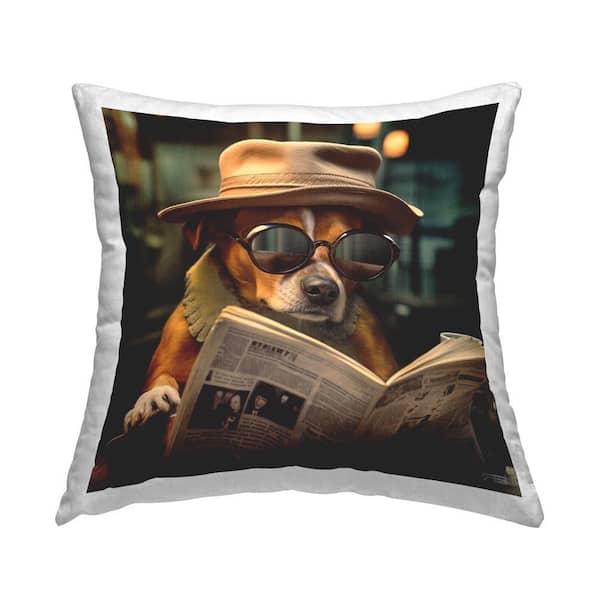 Classy Dog & Newspaper Multi-Color Print Polyester 18 in. x 18 in. Throw Pillow