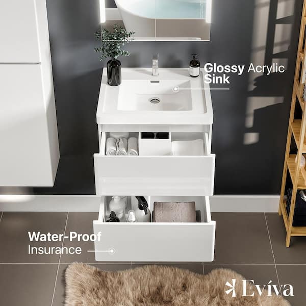 Glazzy 24 in. W x 16 in. D x 25 in. H Floating Bathroom Vanity in White with White Acrylic Top with White Sink