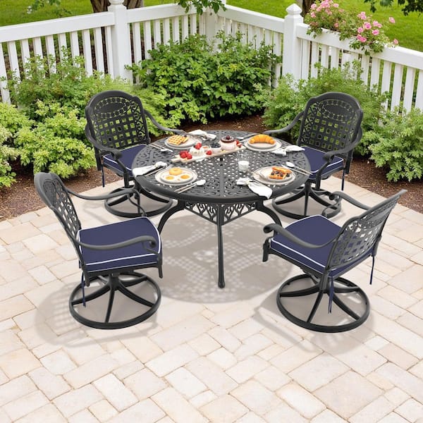 5-Piece Black Cast Aluminum Patio Outdoor Dining Set with Round Table and 4 Swivel Chairs with Blue Cushions