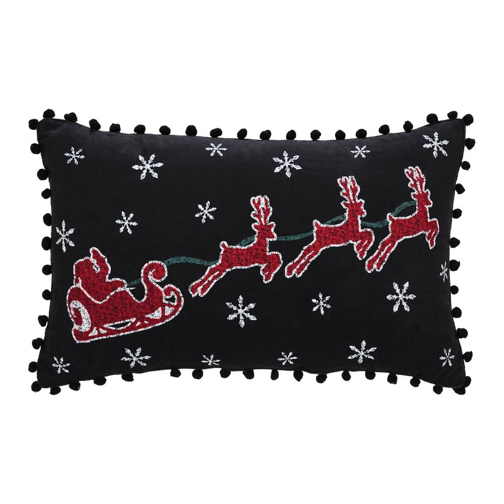 Annie Black Check Santa Sleigh Pillow with Pom Pom Border