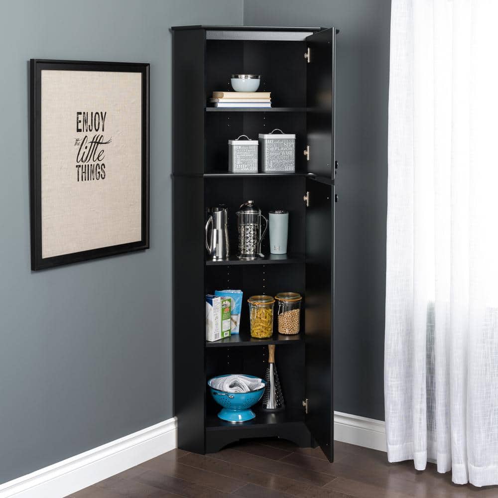 Black Composite Wood Tall Corner Storage Cabinet with Adjustable Shelving