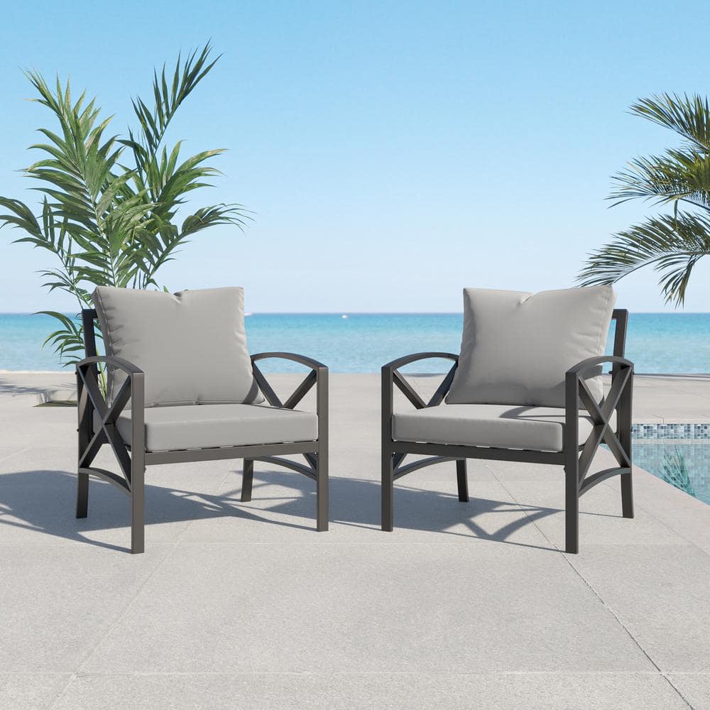2-Piece Black Metal Arm Outdoor Lounge Chair with Gray Cushion