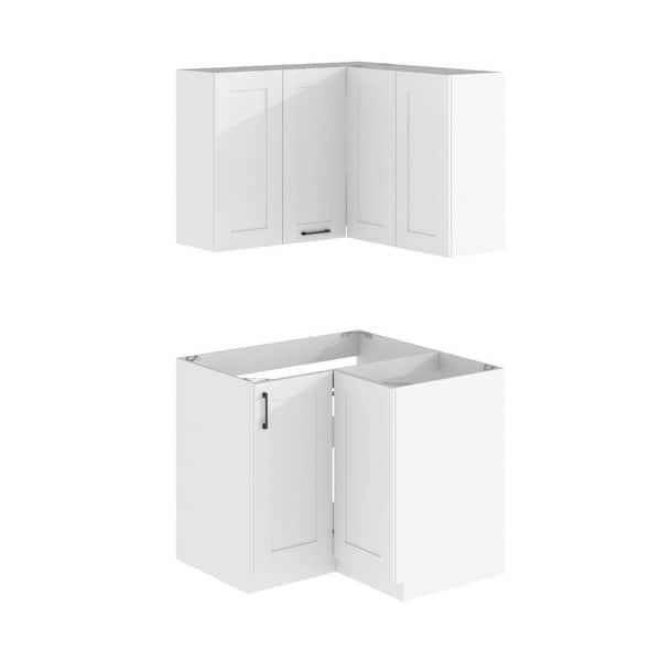 40 in. W x 24.2 in. D x 34.6 in. H Ready-to-Assemble Wood Upper & Base Corner Kitchen Cabinet Set in White Finish