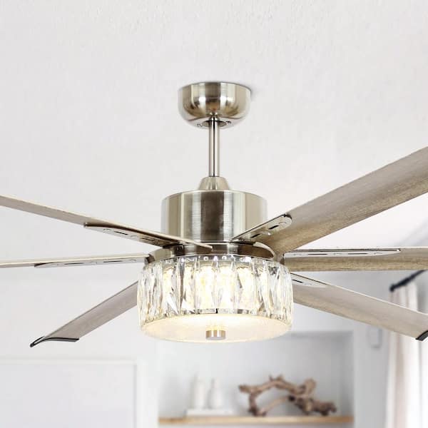 Parrot Uncle 65 in. Integrated LED Brushed Nickel Crystal Ceiling Fan with Light and Remote Control