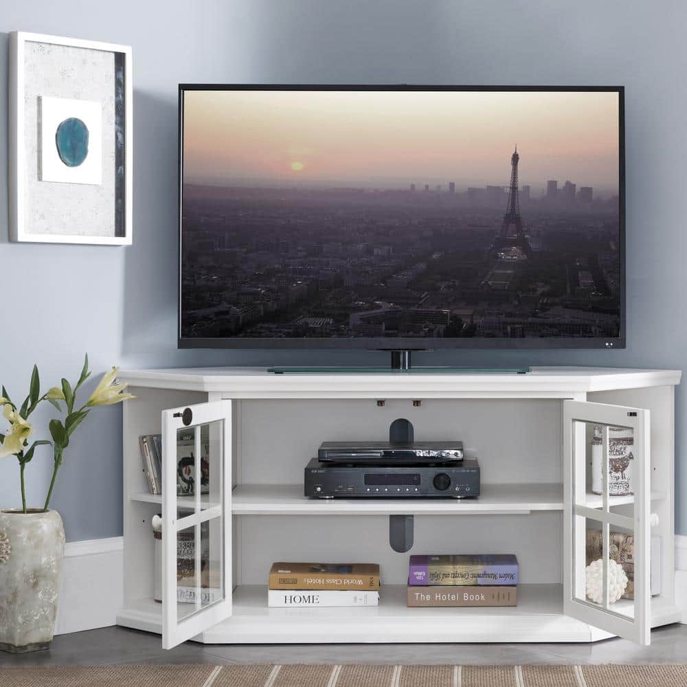 Cottage White 56" Corner TV Stand with Glass Doors