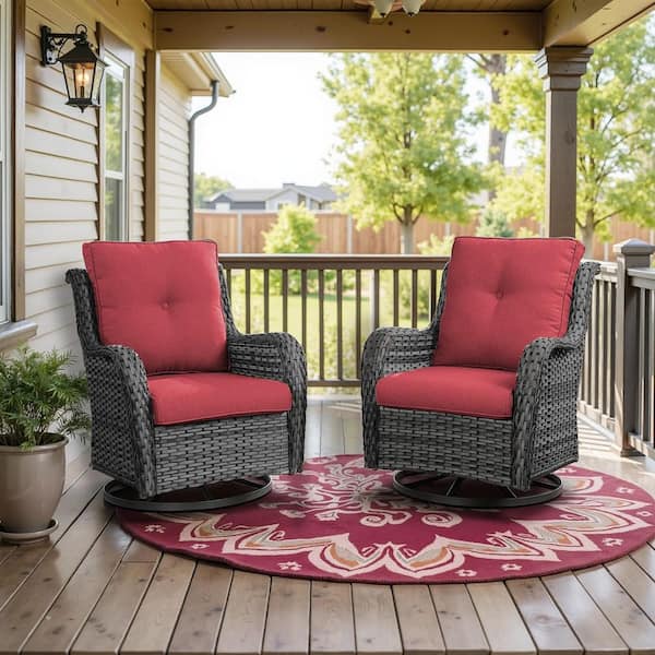 Opohoro ArcoBay Metal and Gray Wicker Outdoor Rocking Chair Patio Swivel Chairs with Olefin Red Cushions (2-Pack)