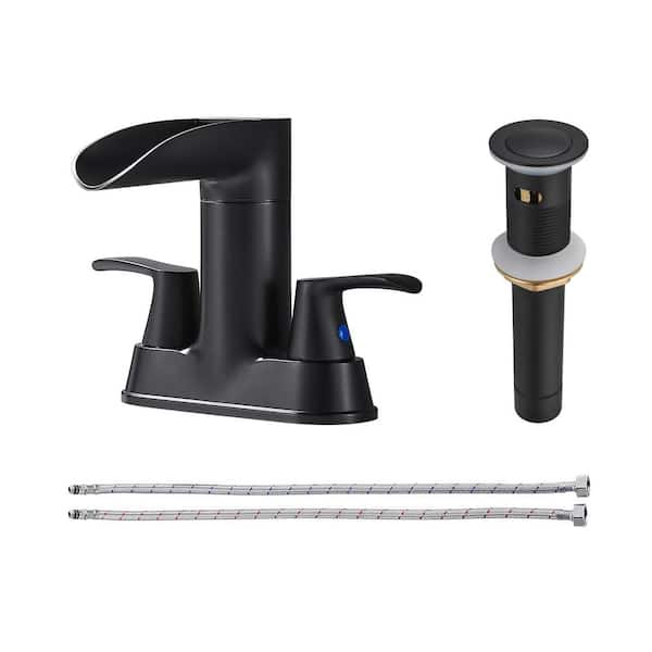 Heemli Rotatable 4 in. Centerset Double Bathroom Faucet with Drain kit Included Waterfall Lavatory in Matte Black