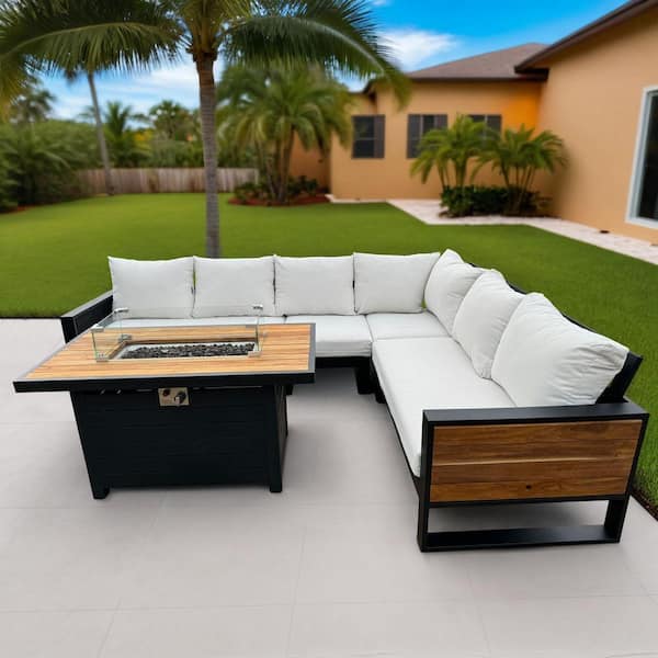 Denver 5-Piece Black Aluminum Outdoor Patio Fire Pit Deep Sectional Seating Set with Cast Natural Cushions