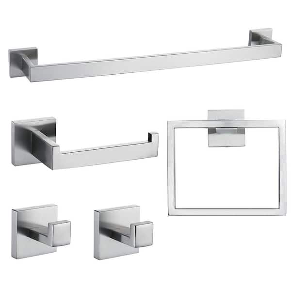 Unbranded 5-Piece Stainless Steel Bath Hardware Set with Toilet Paper Holder, Towel Holder, 2 Hooks, Towel Ring, Brushed Nickel