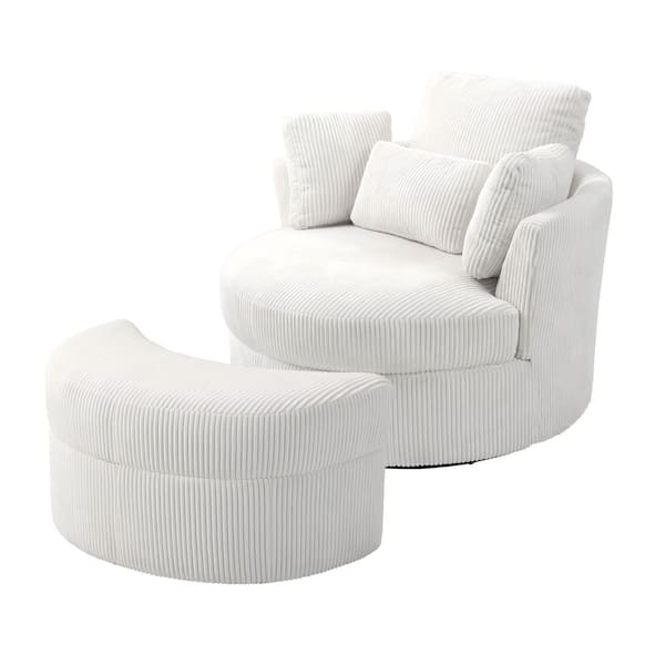 Beige Corduroy Fabric Upholstered Swivel Accent Barrel Chair with Storage Ottoman and Pillows (Set of 1)