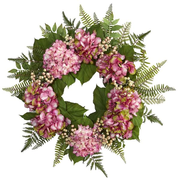 Nearly Natural 24 in. Artificial Hydrangea Berry Wreath